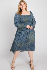 Blue Printed Smocked Long Sleeve Plus Dress