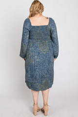 Blue Printed Smocked Long Sleeve Plus Dress