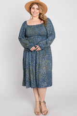 Blue Printed Smocked Long Sleeve Plus Dress