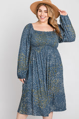 Blue Printed Smocked Long Sleeve Plus Dress