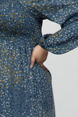 Blue Printed Smocked Long Sleeve Maternity Plus Dress