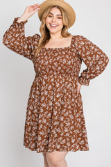 Brown Floral Smocked Smocked Plus Dress