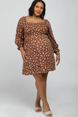 Brown Floral Smocked Smocked Plus Maternity Dress