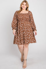 Brown Floral Smocked Smocked Plus Dress