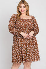 Brown Floral Smocked Smocked Plus Dress