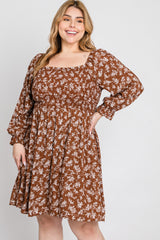 Brown Floral Smocked Smocked Plus Dress