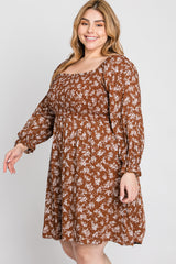 Brown Floral Smocked Smocked Plus Dress