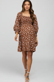 Brown Floral Smocked Smocked Maternity Dress