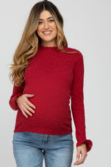 Red Ribbed Long Sleeve Ruffle Trim Maternity Top