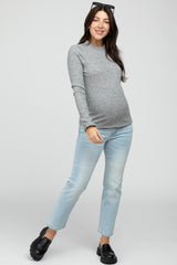 Heather Grey Ribbed Long Sleeve Ruffle Trim Maternity Top