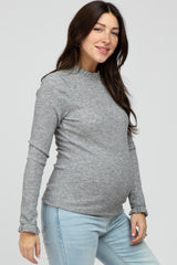 Heather Grey Ribbed Long Sleeve Ruffle Trim Maternity Top