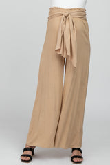 Beige High Waist Tie Front Wide Maternity Pants