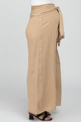 Beige High Waist Tie Front Wide Maternity Pants