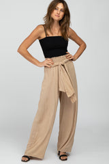 Beige High Waist Tie Front Wide Maternity Pants