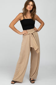 Beige High Waist Tie Front Wide Pants