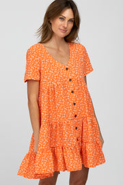 Orange Floral Button Front Tiered Dress