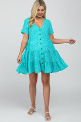 Aqua Floral Button Front Tiered Maternity Dress