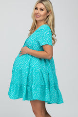 Aqua Floral Button Front Tiered Maternity Dress