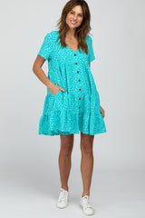 Aqua Floral Button Front Tiered Dress