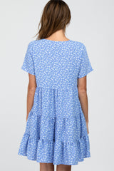 Blue Floral Button Front Tiered Dress