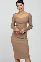 Camel Ribbed Knit Fitted Dress