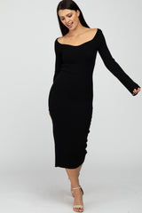 Black Ribbed Knit Fitted Maternity Dress