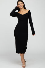 Black Ribbed Knit Fitted Dress