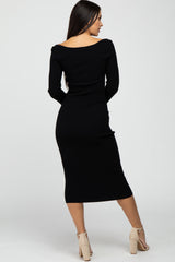 Black Ribbed Knit Fitted Dress