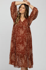 Rust Ditsy Floral Smocked Accent Maternity Midi Dress