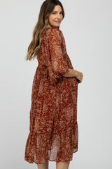 Rust Ditsy Floral Smocked Accent Maternity Midi Dress