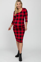 Red Plaid Maternity Fitted Dress