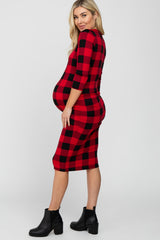 Red Plaid Maternity Fitted Dress