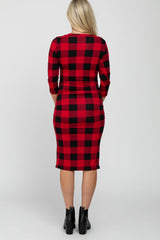 Red Plaid Maternity Fitted Dress