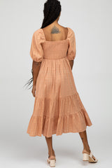 Peach Plaid Square Neck Midi Dress