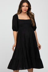 Black Plaid Square Neck Maternity Midi Dress