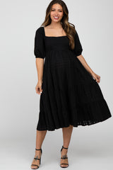 Black Plaid Square Neck Maternity Midi Dress