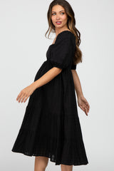 Black Plaid Square Neck Maternity Midi Dress