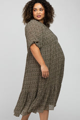 Olive Floral Printed Pleated Puff Sleeve Plus Maternity Dress