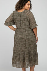 Olive Floral Printed Pleated Puff Sleeve Plus Maternity Dress