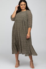 Olive Floral Printed Pleated Puff Sleeve Plus Maternity Dress