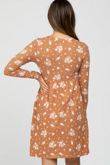 Camel Floral Print Long Sleeve Maternity Dress