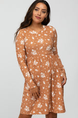 Camel Floral Print Long Sleeve Maternity Dress