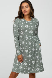 Olive Floral Print Long Sleeve Dress