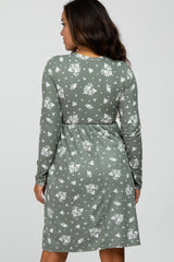 Olive Floral Print Long Sleeve Dress