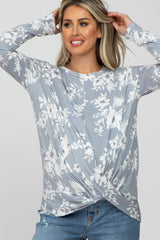 Grey Floral Knot Front Hem Maternity Top