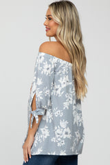 Grey Floral Off Shoulder 3/4 Tie Sleeve Maternity Top