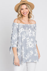 Grey Floral Off Shoulder 3/4 Tie Sleeve Top