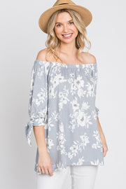 Grey Floral Off Shoulder 3/4 Tie Sleeve Top