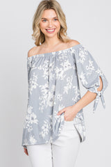 Grey Floral Off Shoulder 3/4 Tie Sleeve Top