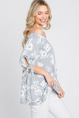 Grey Floral Off Shoulder 3/4 Tie Sleeve Top